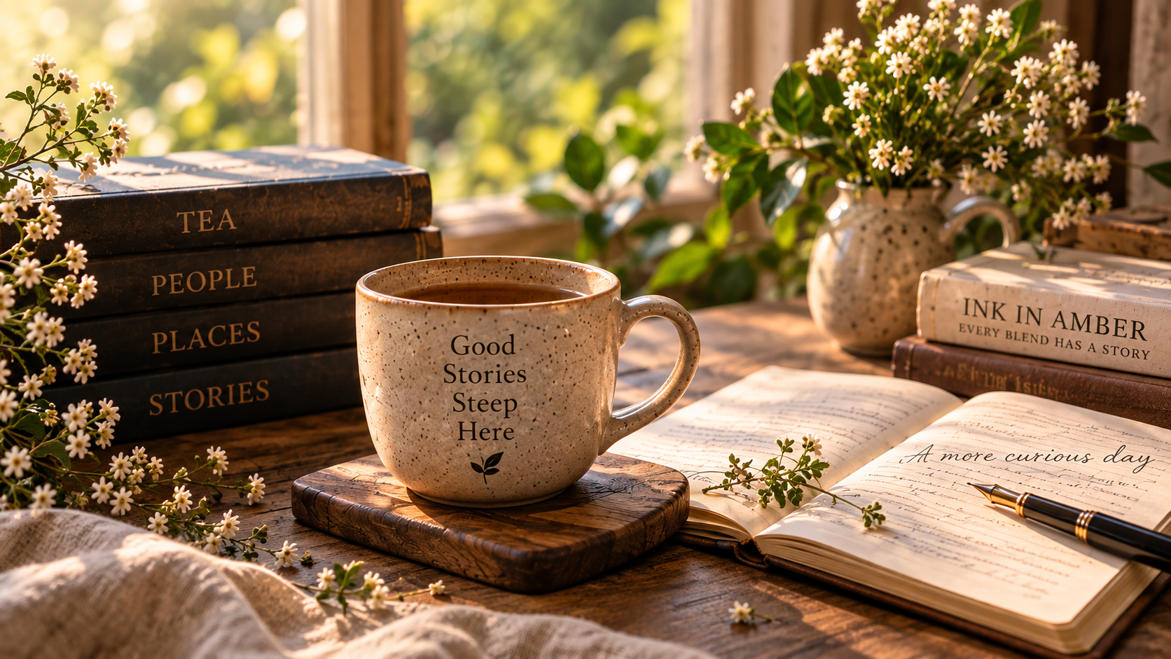 Tea with books and flowers