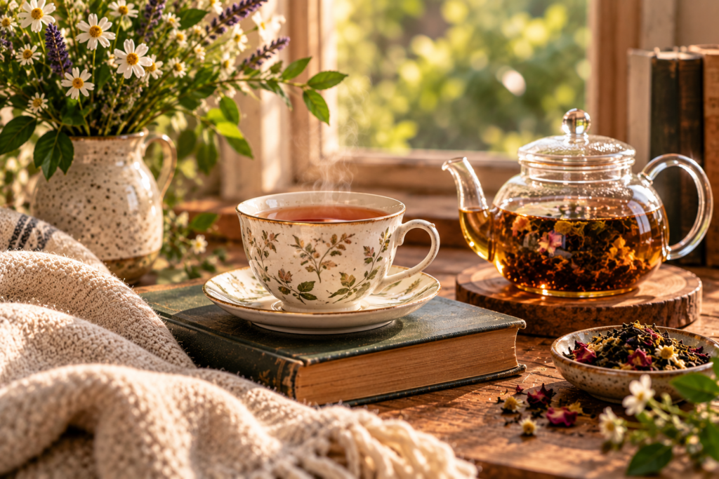 Cup of tea on a book and a pot of tea next to it