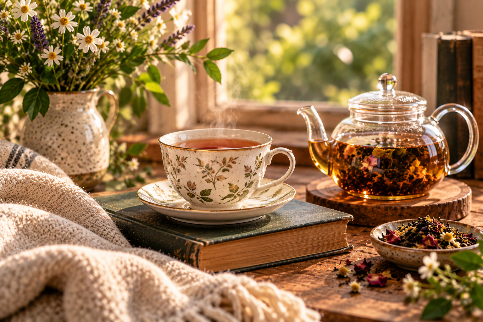 Cup of tea on a book and a pot of tea next to it