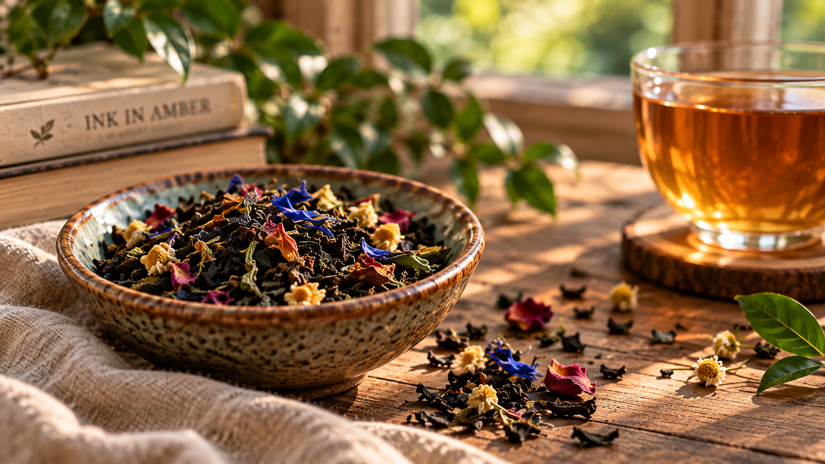 Loose Tea Leaves On a Table With Brewed Tea