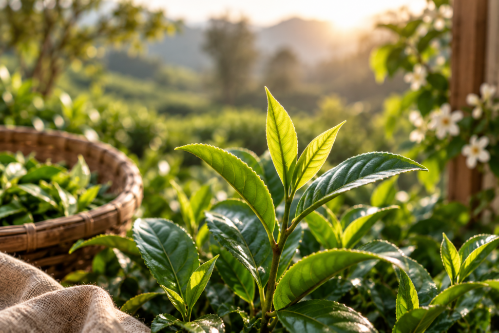 Tea plant with green leaves