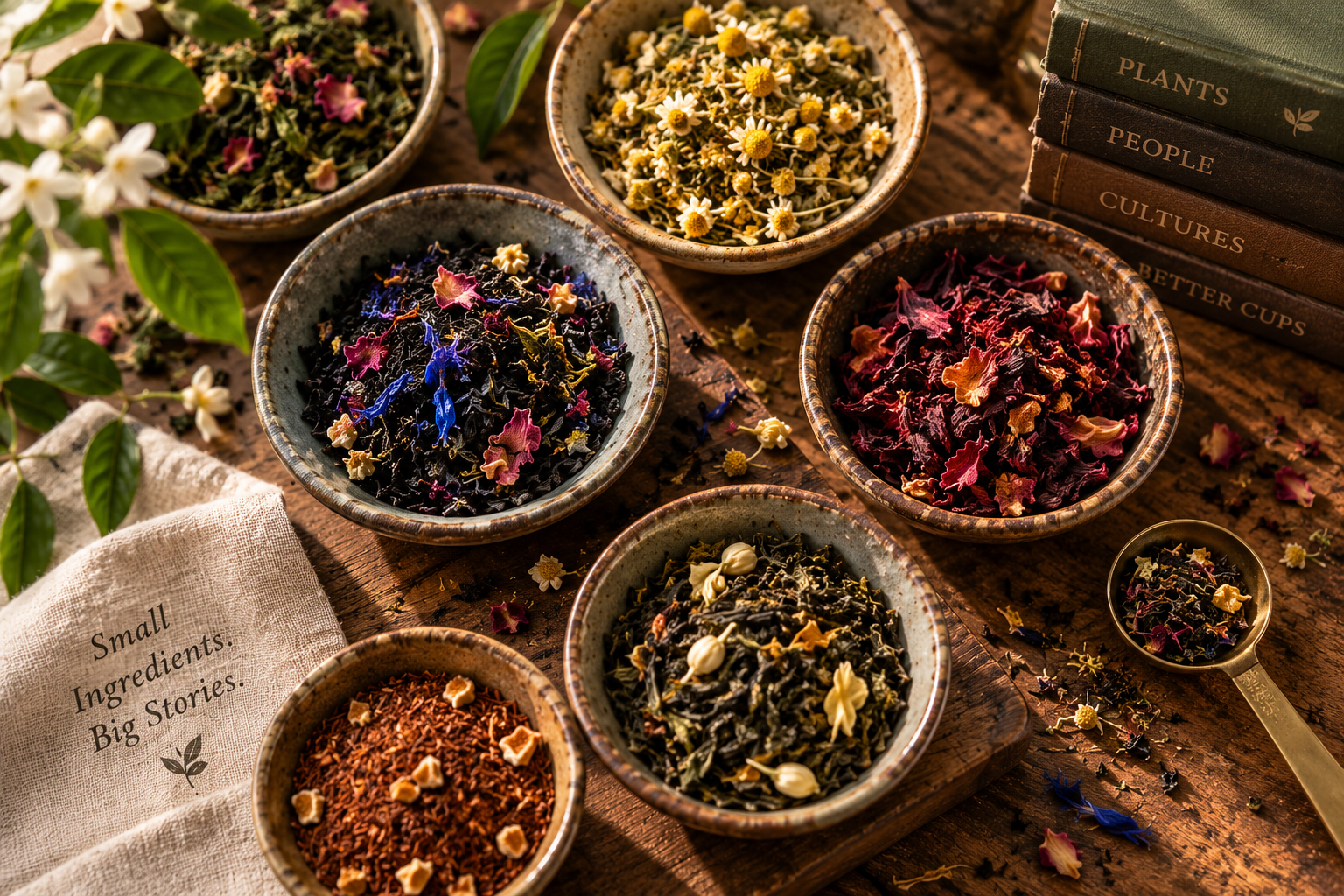 Herbs in bowls on a table